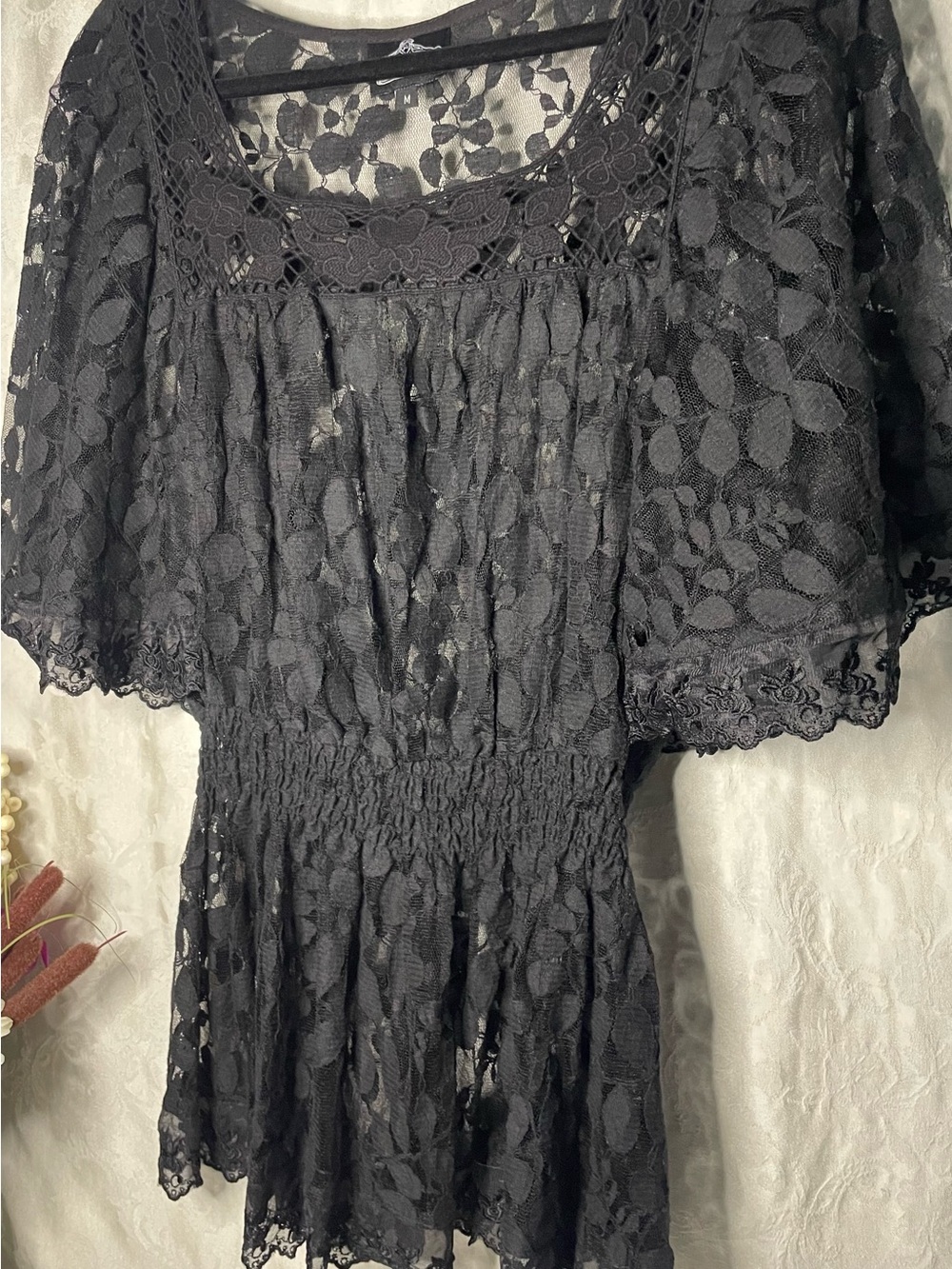Angie Black Lace Blouse with Smocked Waist Size-Medium